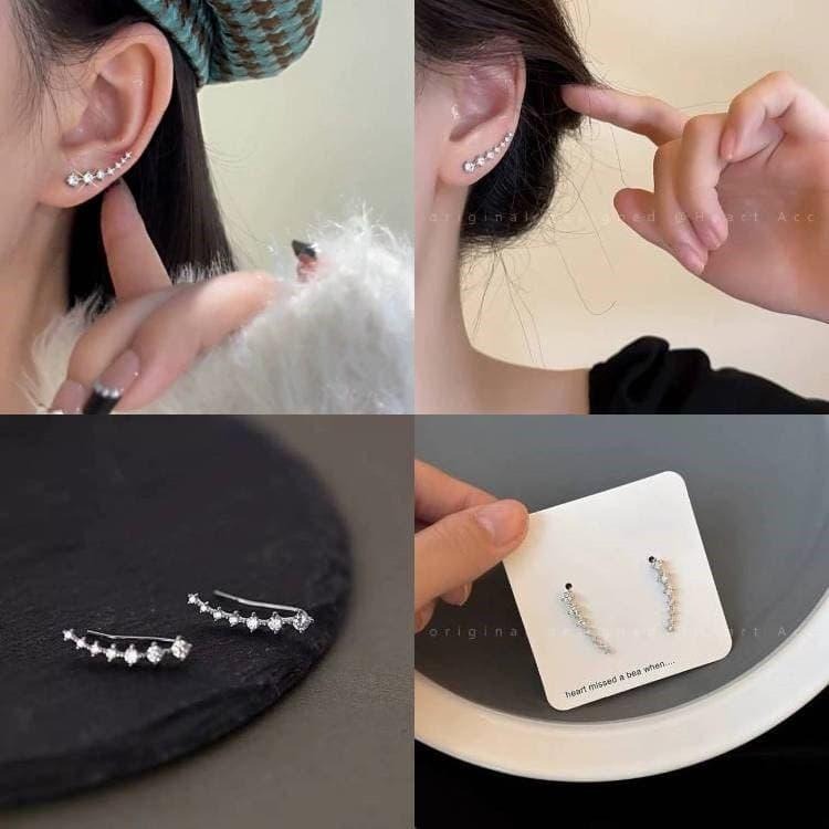 北斗七星耳環 閃鑽鋯石耳環 氣質耳釘 排鑽耳環耳勾 韓國飾品 一排式水鑽耳環 超閃星星耳環 弧形一字耳環 簡約高級感耳飾-細節圖2