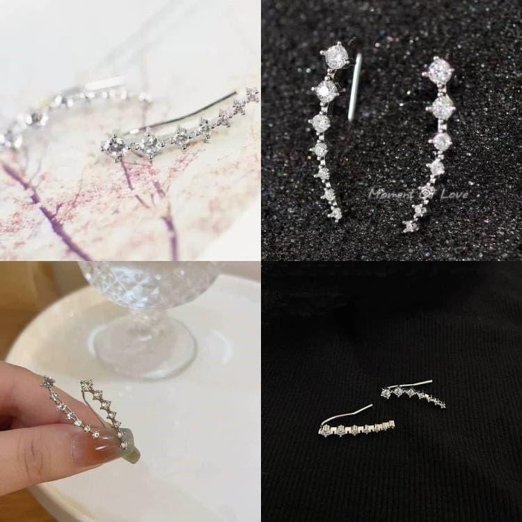 北斗七星耳環 閃鑽鋯石耳環 氣質耳釘 排鑽耳環耳勾 韓國飾品 一排式水鑽耳環 超閃星星耳環 弧形一字耳環 簡約高級感耳飾-細節圖4