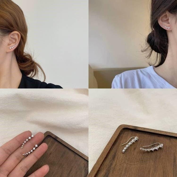 北斗七星耳環 閃鑽鋯石耳環 氣質耳釘 排鑽耳環耳勾 韓國飾品 一排式水鑽耳環 超閃星星耳環 弧形一字耳環 簡約高級感耳飾-細節圖5