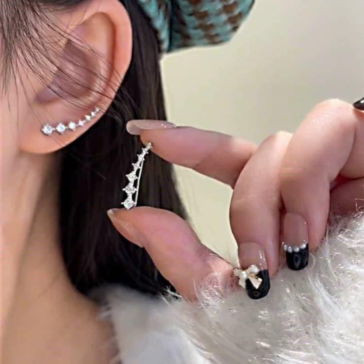 北斗七星耳環 閃鑽鋯石耳環 氣質耳釘 排鑽耳環耳勾 韓國飾品 一排式水鑽耳環 超閃星星耳環 弧形一字耳環 簡約高級感耳飾-細節圖8