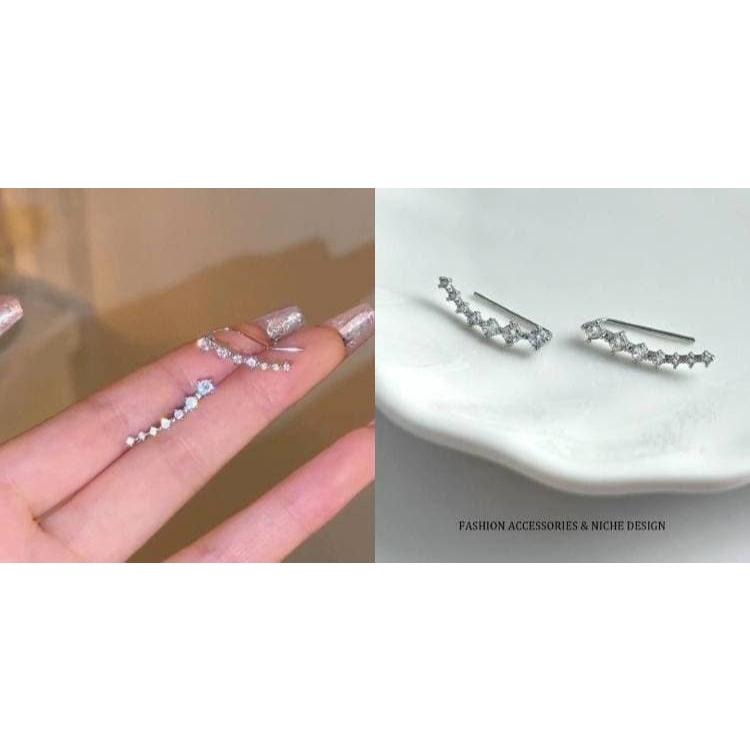 北斗七星耳環 閃鑽鋯石耳環 氣質耳釘 排鑽耳環耳勾 韓國飾品 一排式水鑽耳環 超閃星星耳環 弧形一字耳環 簡約高級感耳飾-細節圖9