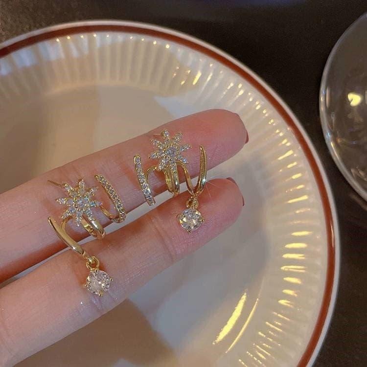 八芒星鋯石耳環 超閃星芒鑲鑽耳釘 女生飾品 微鑲水鑽吊墜耳環 韓國耳環 耳排 星星耳環 時尚耳環 氣質簡約耳飾 個性耳環-細節圖3