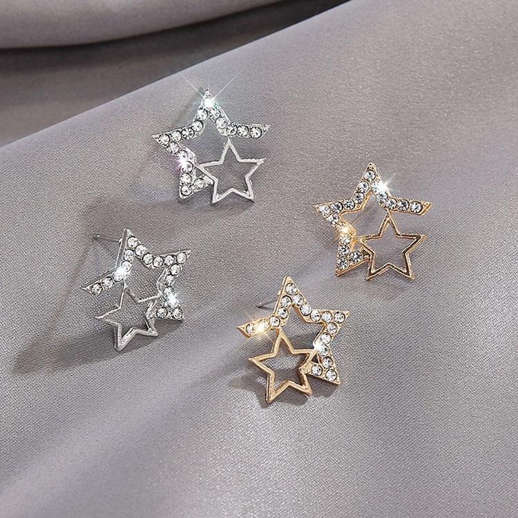 韓版鑲鑽鏤空五角星耳環 氣質閃亮耳釘 星星耳環 水鑽耳環 簡約幾何耳環 百搭耳飾雙星耳環 星形耳環 金屬耳環 日韓生活館-細節圖7