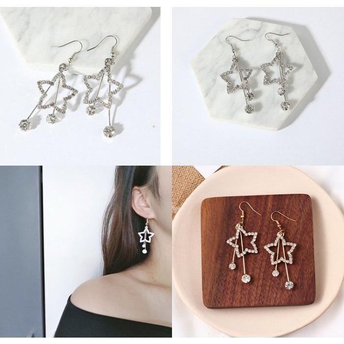 五角星星耳環 韓國氣質耳飾 星星吊墜耳環 造型耳環 鑲鑽鋯石耳環 潮人個性飾品女 星形水鑽耳墜 長款垂墜後掛式耳環 耳勾-細節圖2