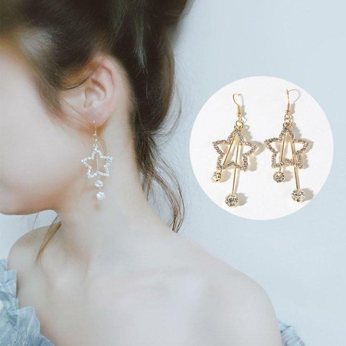 五角星星耳環 韓國氣質耳飾 星星吊墜耳環 造型耳環 鑲鑽鋯石耳環 潮人個性飾品女 星形水鑽耳墜 長款垂墜後掛式耳環 耳勾-細節圖3