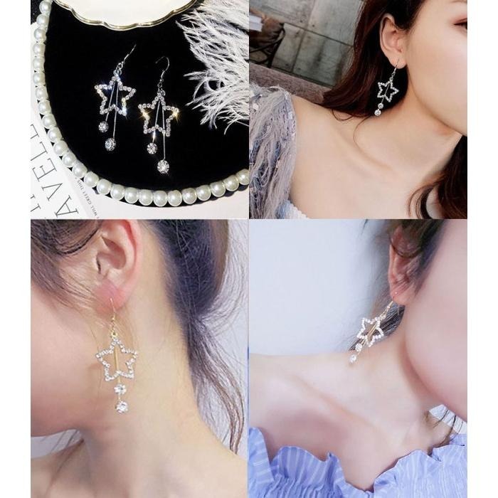 五角星星耳環 韓國氣質耳飾 星星吊墜耳環 造型耳環 鑲鑽鋯石耳環 潮人個性飾品女 星形水鑽耳墜 長款垂墜後掛式耳環 耳勾-細節圖6