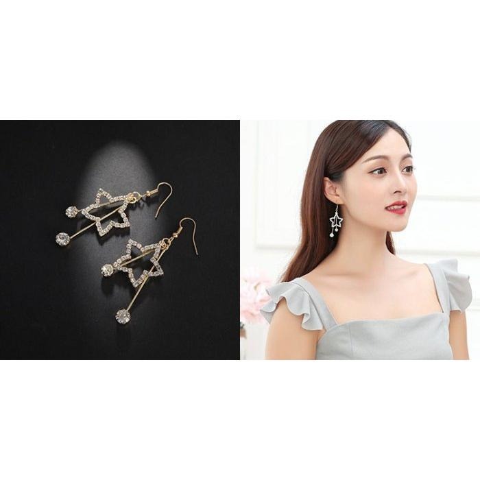 五角星星耳環 韓國氣質耳飾 星星吊墜耳環 造型耳環 鑲鑽鋯石耳環 潮人個性飾品女 星形水鑽耳墜 長款垂墜後掛式耳環 耳勾-細節圖7