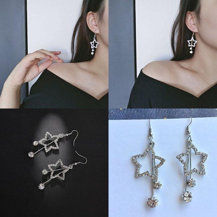 五角星星耳環 韓國氣質耳飾 星星吊墜耳環 造型耳環 鑲鑽鋯石耳環 潮人個性飾品女 星形水鑽耳墜 長款垂墜後掛式耳環 耳勾-細節圖8