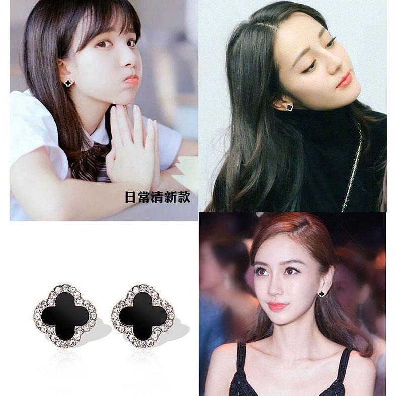四葉草耳環 幸運草耳環 韓國時尚耳環 小清新甜美耳飾 黑色耳環 超仙氣質飾品 花朵耳環 簡約耳釘 微鑲水鑽耳環 鋯石耳環-細節圖2