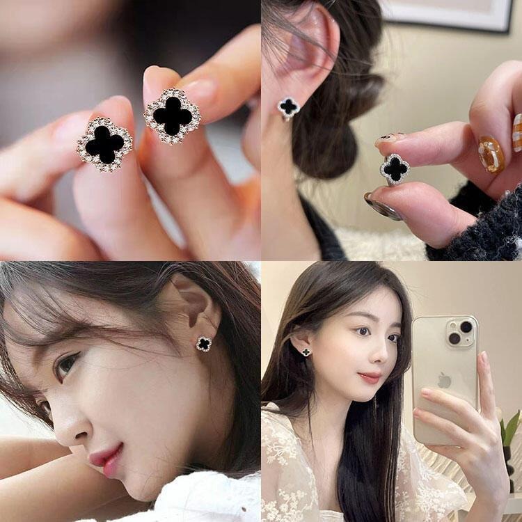 四葉草耳環 幸運草耳環 韓國時尚耳環 小清新甜美耳飾 黑色耳環 超仙氣質飾品 花朵耳環 簡約耳釘 微鑲水鑽耳環 鋯石耳環-細節圖3
