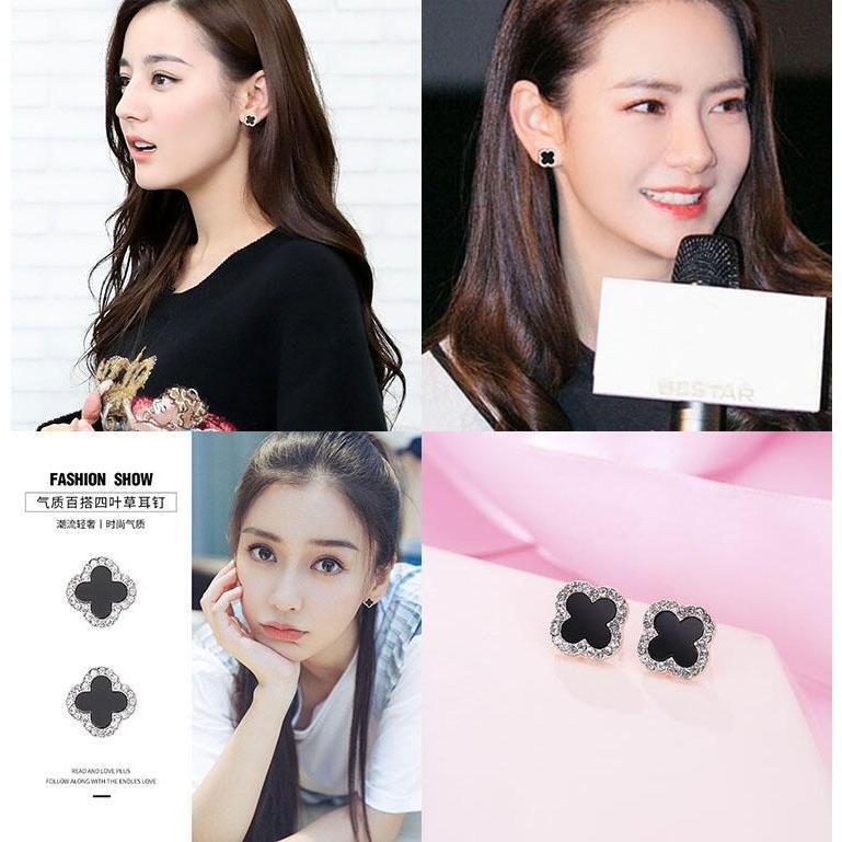 四葉草耳環 幸運草耳環 韓國時尚耳環 小清新甜美耳飾 黑色耳環 超仙氣質飾品 花朵耳環 簡約耳釘 微鑲水鑽耳環 鋯石耳環-細節圖4