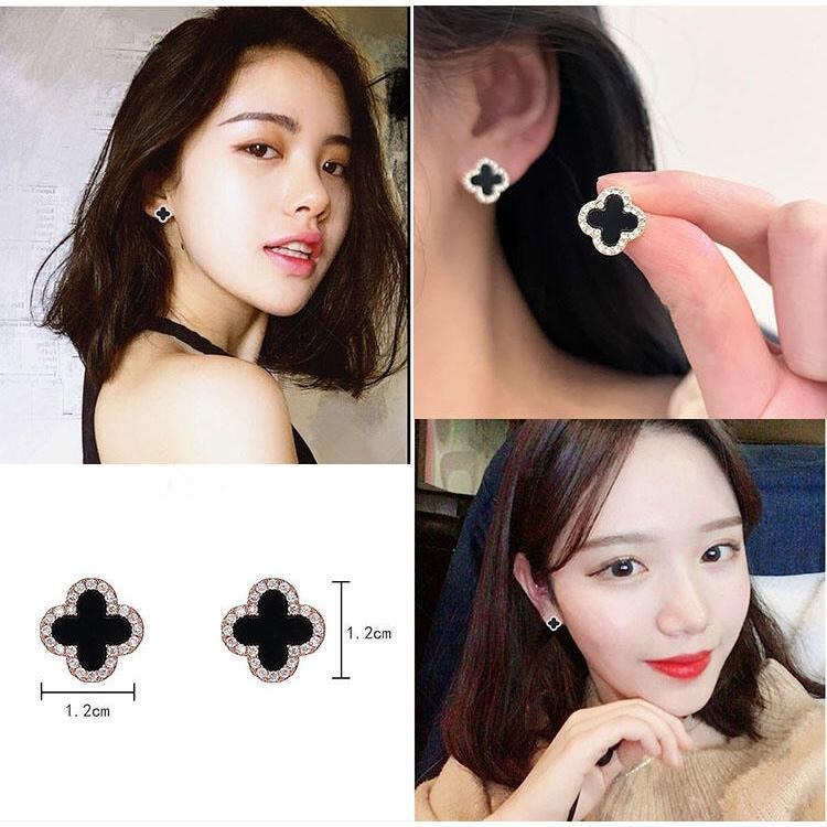 四葉草耳環 幸運草耳環 韓國時尚耳環 小清新甜美耳飾 黑色耳環 超仙氣質飾品 花朵耳環 簡約耳釘 微鑲水鑽耳環 鋯石耳環-細節圖5