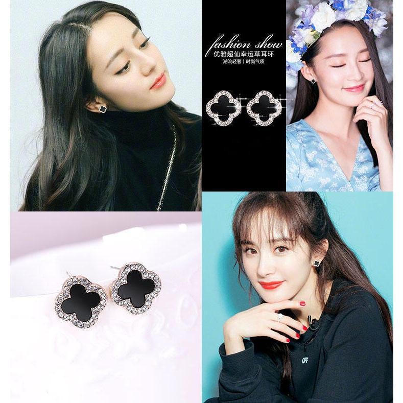 四葉草耳環 幸運草耳環 韓國時尚耳環 小清新甜美耳飾 黑色耳環 超仙氣質飾品 花朵耳環 簡約耳釘 微鑲水鑽耳環 鋯石耳環-細節圖7
