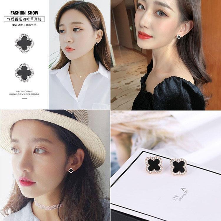 四葉草耳環 幸運草耳環 韓國時尚耳環 小清新甜美耳飾 黑色耳環 超仙氣質飾品 花朵耳環 簡約耳釘 微鑲水鑽耳環 鋯石耳環-細節圖8