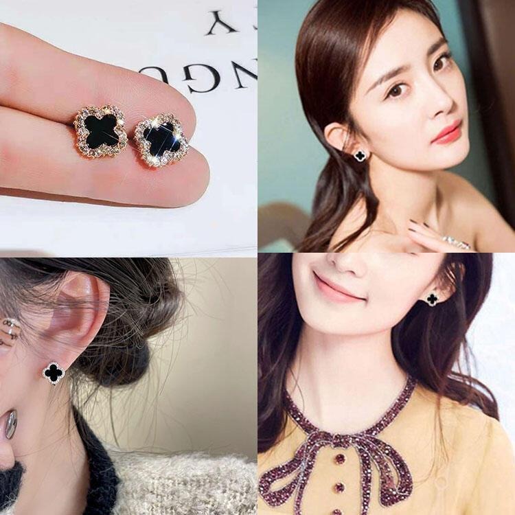 四葉草耳環 幸運草耳環 韓國時尚耳環 小清新甜美耳飾 黑色耳環 超仙氣質飾品 花朵耳環 簡約耳釘 微鑲水鑽耳環 鋯石耳環-細節圖9