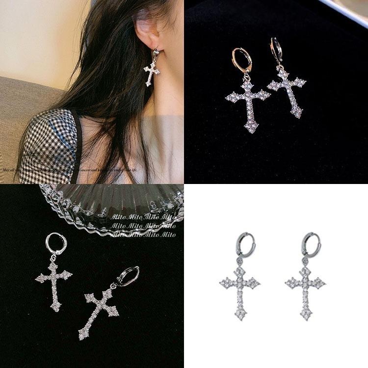 十字架耳環 耳扣 垂墜耳環 水鑽耳環 閃耀鋯石耳環 吊墜耳環 滿鑽耳環耳墜 歐美時尚氣質耳環 鑲鑽十字耳環 超閃輕奢耳飾-細節圖3