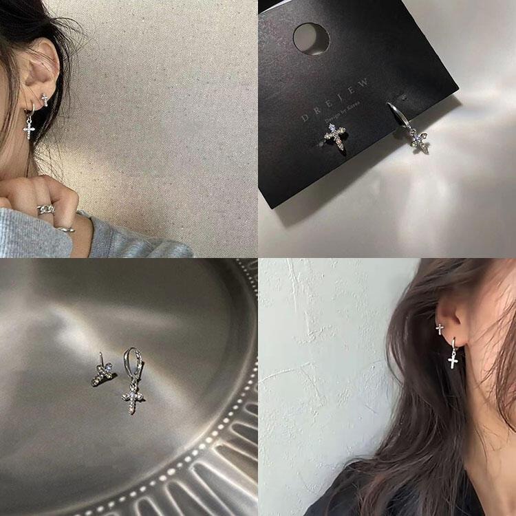 十字架耳環 不對稱耳環 個性耳環 時尚百搭耳飾 龐克風飾品 金屬耳環 耳扣 水鑽耳環 小巧十字架耳釘 滿鑽耳環 簡約耳環-細節圖2