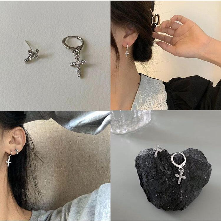 十字架耳環 不對稱耳環 個性耳環 時尚百搭耳飾 龐克風飾品 金屬耳環 耳扣 水鑽耳環 小巧十字架耳釘 滿鑽耳環 簡約耳環-細節圖7