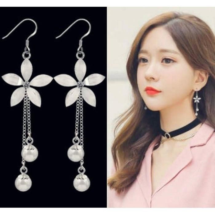 五葉花朵珍珠流蘇耳環 垂墜耳環 氣質女神超仙耳墜 時尚長款耳環 水晶耳環珍珠耳環 花耳環 後掛耳勾式耳環 超人氣日韓飾品-細節圖2
