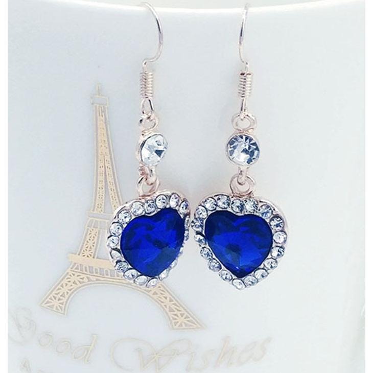 時尚OL淑女飾品 滿鑽愛心耳環 海洋之心耳環 水晶耳環 耳墜 鋯石耳環 藍色寶石耳環 垂墜後掛式耳環 水鑽耳環 吊墜耳環-細節圖2