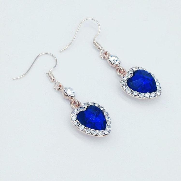 時尚OL淑女飾品 滿鑽愛心耳環 海洋之心耳環 水晶耳環 耳墜 鋯石耳環 藍色寶石耳環 垂墜後掛式耳環 水鑽耳環 吊墜耳環-細節圖3