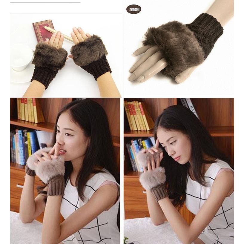 日韓生活館 秋冬季韓版可愛兔毛手套 韓國 保暖半指手套 手機觸控手套 露指手套 冬天皮草毛線針織手套 毛絨手套 觸屏手套-細節圖3