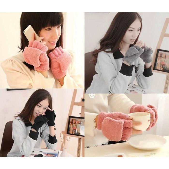 絨毛手套翻蓋手套 針織露指手套 韓國創意冬季保暖手套 加厚毛絨半指手套 騎車手套翻指兩用手套 平板電腦手機多功能防寒手套-細節圖3