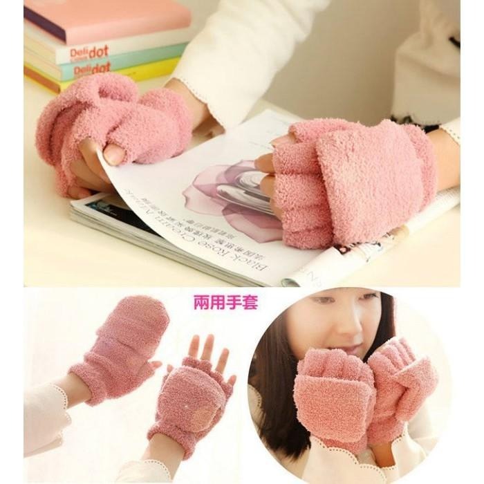 絨毛手套翻蓋手套 針織露指手套 韓國創意冬季保暖手套 加厚毛絨半指手套 騎車手套翻指兩用手套 平板電腦手機多功能防寒手套-細節圖6