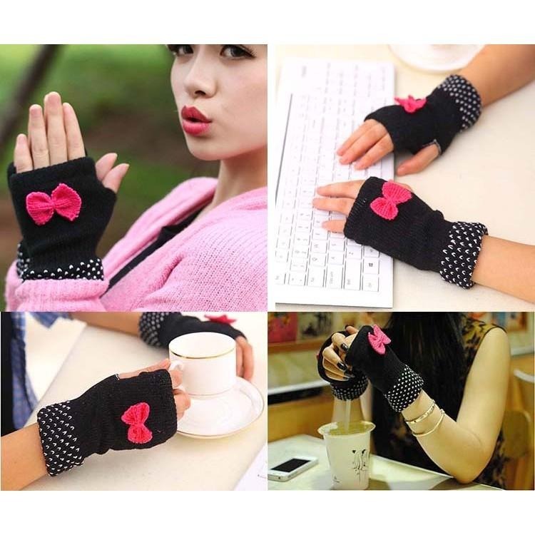 可愛蝴蝶結手套 女生手套 針織手套 露指手套 螢幕觸屏手套 毛線手套 半指手套 雙層保暖手套 平板電腦手機手套 觸控手套-細節圖2