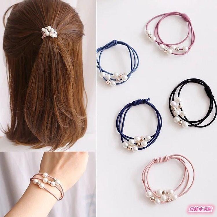 珍珠髮圈 三層髮圈 手鍊兩用髮圈 小清新 髮飾 打結髮圈 綁頭髮 髮束 綁馬尾 髮繩 彈力髮圈 橡皮筋髮圈 三線合一髮圈-細節圖2