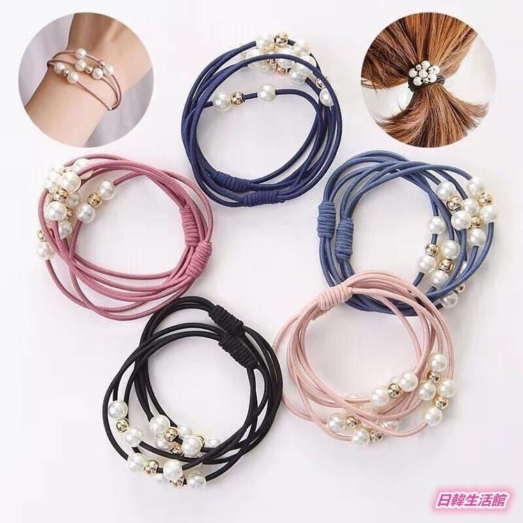 珍珠髮圈 三層髮圈 手鍊兩用髮圈 小清新 髮飾 打結髮圈 綁頭髮 髮束 綁馬尾 髮繩 彈力髮圈 橡皮筋髮圈 三線合一髮圈-細節圖3