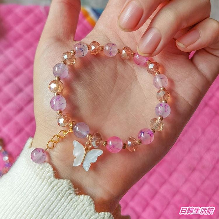 仿玉石水晶蝴蝶手鍊 女款手鍊 琉璃手鍊 彩繪玻璃手鍊 手串 圓珠手鍊 蝴蝶吊墜手鍊 串珠手環 手珠 水晶手鍊 轉運珠手鍊-細節圖2