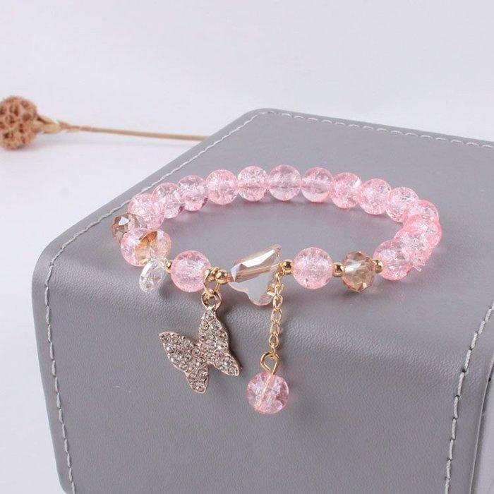 蝴蝶手鍊 水晶手鍊 彩色手環 琉璃手鍊 韓國飾品 蝴蝶吊墜手鍊 圓珠手鍊 小公主可愛手鍊 玻璃珠手鏈 彈力手環 串珠手鍊-細節圖2