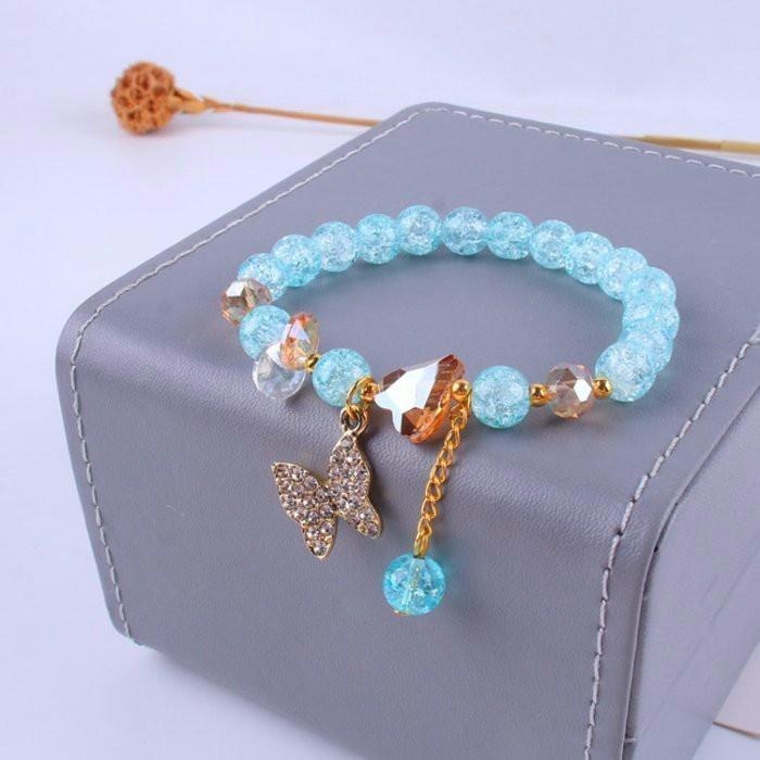 蝴蝶手鍊 水晶手鍊 彩色手環 琉璃手鍊 韓國飾品 蝴蝶吊墜手鍊 圓珠手鍊 小公主可愛手鍊 玻璃珠手鏈 彈力手環 串珠手鍊-細節圖3