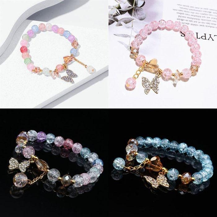 蝴蝶手鍊 水晶手鍊 彩色手環 琉璃手鍊 韓國飾品 蝴蝶吊墜手鍊 圓珠手鍊 小公主可愛手鍊 玻璃珠手鏈 彈力手環 串珠手鍊-細節圖4