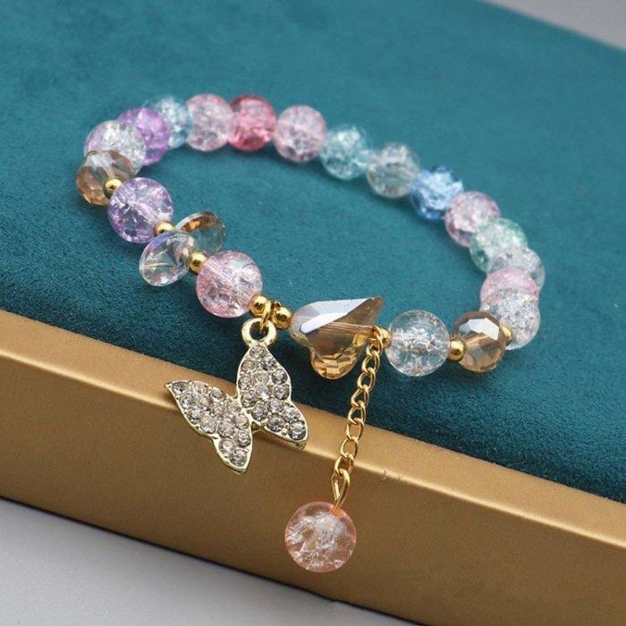 蝴蝶手鍊 水晶手鍊 彩色手環 琉璃手鍊 韓國飾品 蝴蝶吊墜手鍊 圓珠手鍊 小公主可愛手鍊 玻璃珠手鏈 彈力手環 串珠手鍊-細節圖6