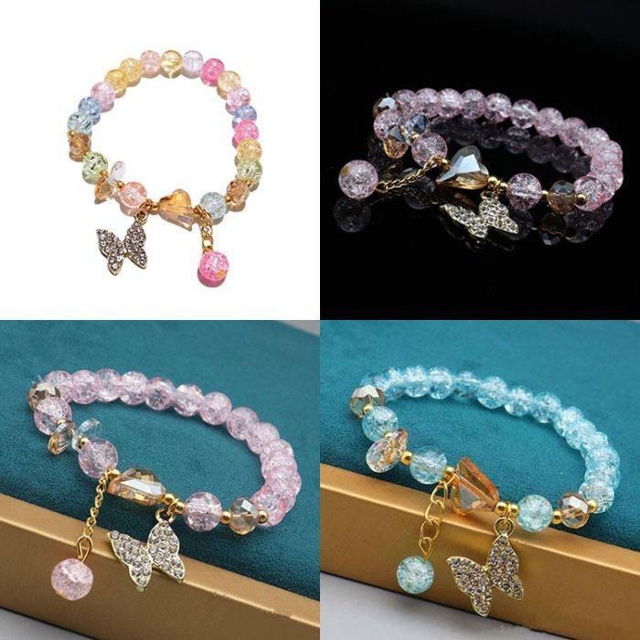 蝴蝶手鍊 水晶手鍊 彩色手環 琉璃手鍊 韓國飾品 蝴蝶吊墜手鍊 圓珠手鍊 小公主可愛手鍊 玻璃珠手鏈 彈力手環 串珠手鍊-細節圖8