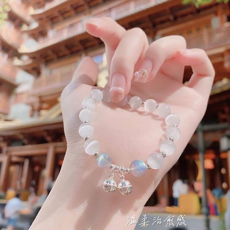 甜美月光手環 水晶手鍊 鈴鐺手鍊 閨蜜手鍊 輕奢女生飾品 貓眼石手鍊 轉運珠水晶手串珠 草莓晶手鍊 月光石手鏈 桃花手珠-細節圖3