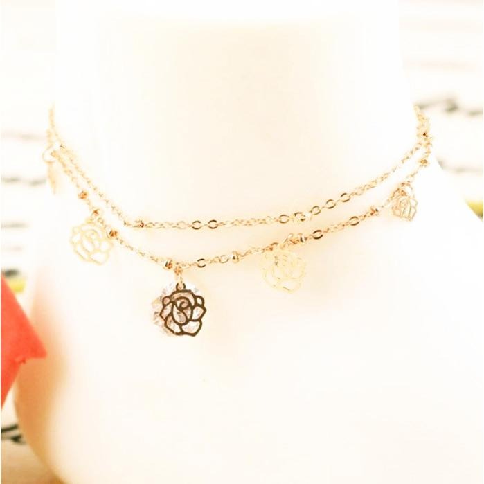 日韓生活館 玫瑰花腳鍊 雙層腳鍊 鋯石腳鍊 鏤空花朵腳鍊 韓版首飾 韓國飾品 女生腳鍊 金色腳鍊 圓珠多層腳鏈 氣質腳環-細節圖2