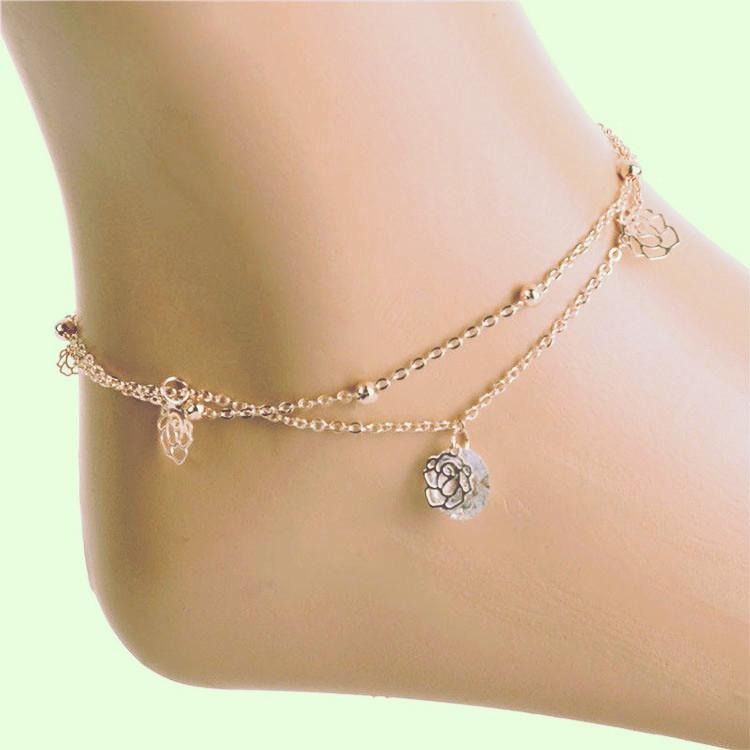日韓生活館 玫瑰花腳鍊 雙層腳鍊 鋯石腳鍊 鏤空花朵腳鍊 韓版首飾 韓國飾品 女生腳鍊 金色腳鍊 圓珠多層腳鏈 氣質腳環-細節圖3
