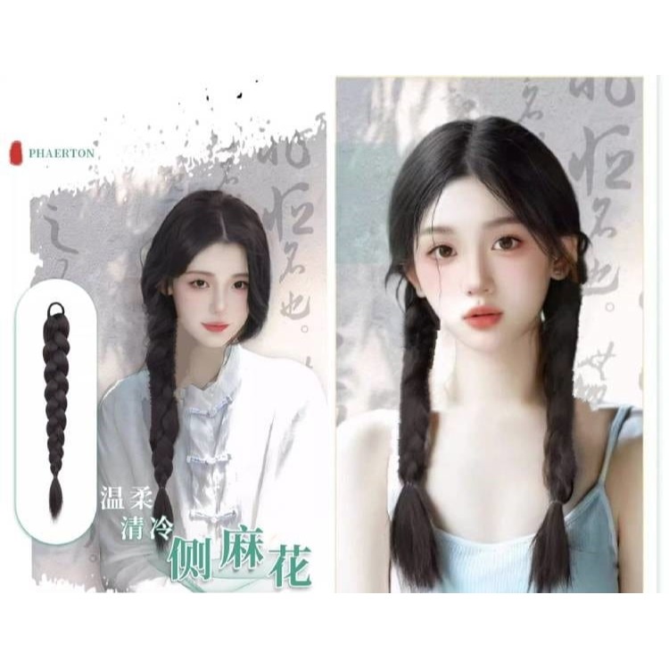假髮辮 麻花辮 雙馬尾髮辮 自然仿真髮辮子 中式假髮辮子 編髮器髮飾 古風長髮辮 側邊馬尾辮 少女麻花長辮 拳擊辮 髮片-細節圖7