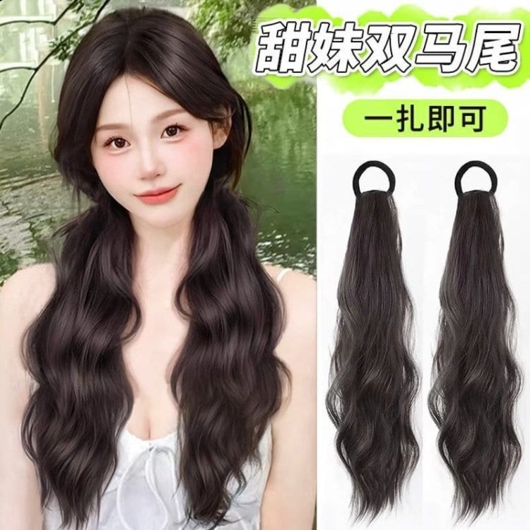假髮馬尾辮子 無痕自然仿真假髮 蓬鬆馬尾捲髮 層次捲馬尾長髮 微捲髮假髮 雙馬尾髮飾 髮束 長假髮 側馬尾假髮 慵懶長髮-細節圖4