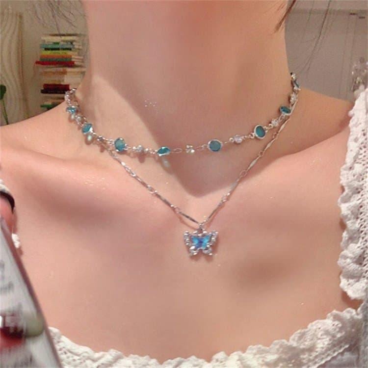 藍色蝴蝶項鍊 吊墜項鍊鎖骨鏈 水晶項鍊 短項鍊 女生配飾 水鑽項鍊 設計感氣質鎖骨鍊 森林系穿搭配件 韓版飾品 頸鍊項鏈-細節圖3