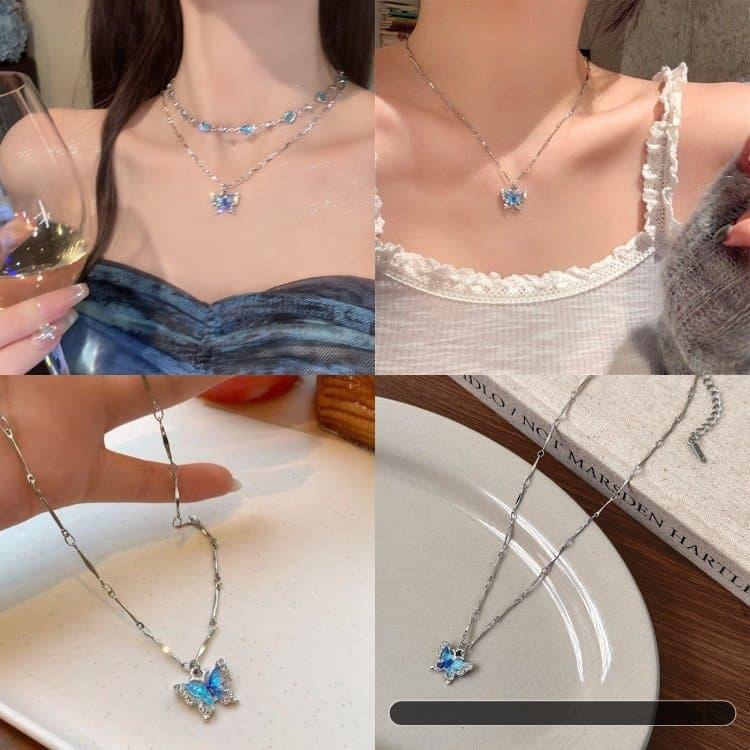藍色蝴蝶項鍊 吊墜項鍊鎖骨鏈 水晶項鍊 短項鍊 女生配飾 水鑽項鍊 設計感氣質鎖骨鍊 森林系穿搭配件 韓版飾品 頸鍊項鏈-細節圖4