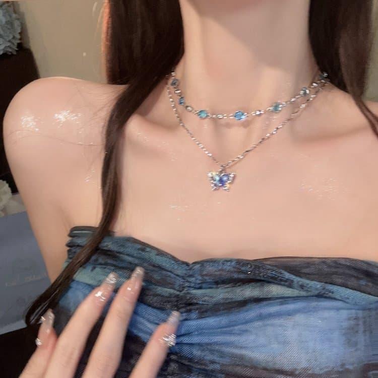 藍色蝴蝶項鍊 吊墜項鍊鎖骨鏈 水晶項鍊 短項鍊 女生配飾 水鑽項鍊 設計感氣質鎖骨鍊 森林系穿搭配件 韓版飾品 頸鍊項鏈-細節圖7