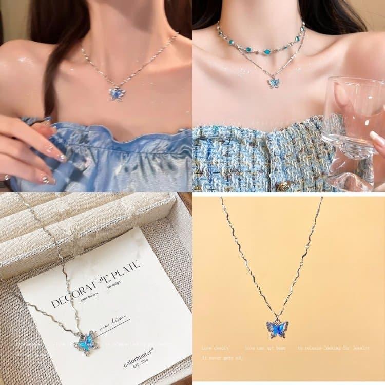 藍色蝴蝶項鍊 吊墜項鍊鎖骨鏈 水晶項鍊 短項鍊 女生配飾 水鑽項鍊 設計感氣質鎖骨鍊 森林系穿搭配件 韓版飾品 頸鍊項鏈-細節圖8
