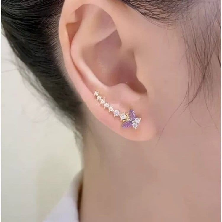 韓系氣質優雅紫色蝴蝶耳環 耳排 超仙鑲鑽鋯石耳釘 北斗七星水鑽耳環 一字耳環 星星耳環 韓國精緻百搭耳飾 設計感排鑽耳環-細節圖4