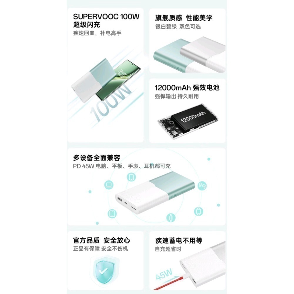 台灣現貨 全新未拆 一加 OPPO 100w 極木色 超級閃充行動電源 12000mAh realme reno 快充-細節圖2