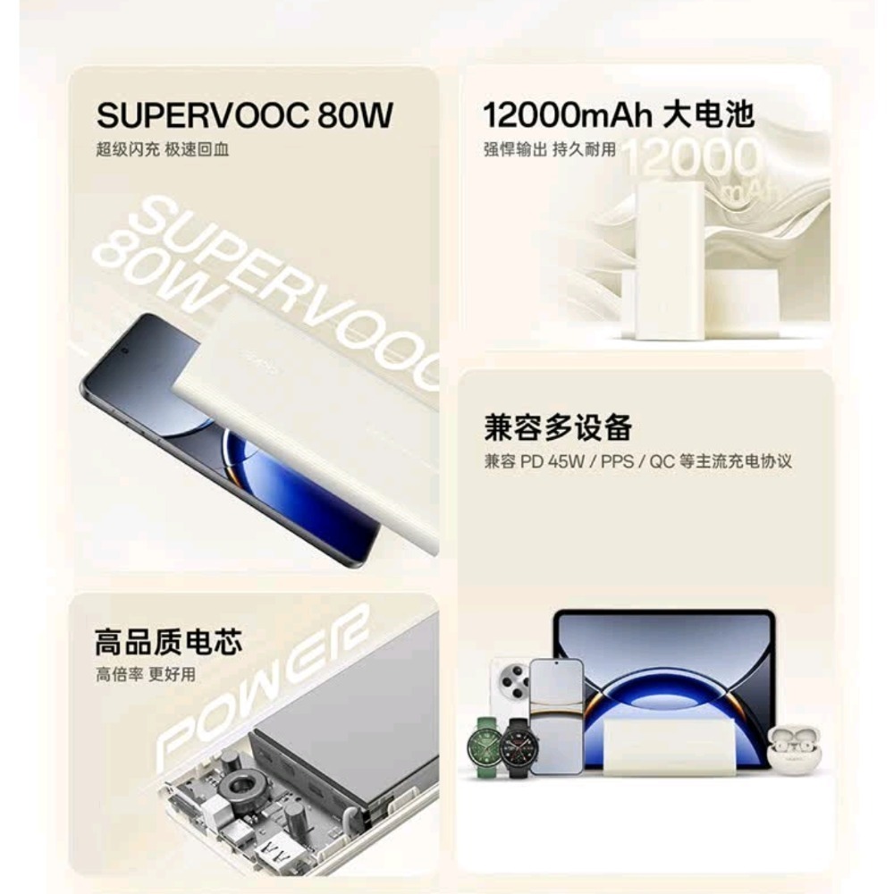 台灣現貨 全新未拆 OPPO 80w 超級閃充行動電源 12000mAh 白色 realme reno 快充 一加-細節圖2