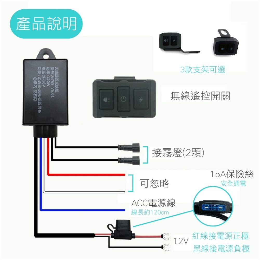 SLO【遙控霧燈開關線組】無線 防水 霧燈 線組 改裝 爆閃 遠近燈 通用 雙燈 雙線 繼電器 保險絲 開關 一對二-細節圖3